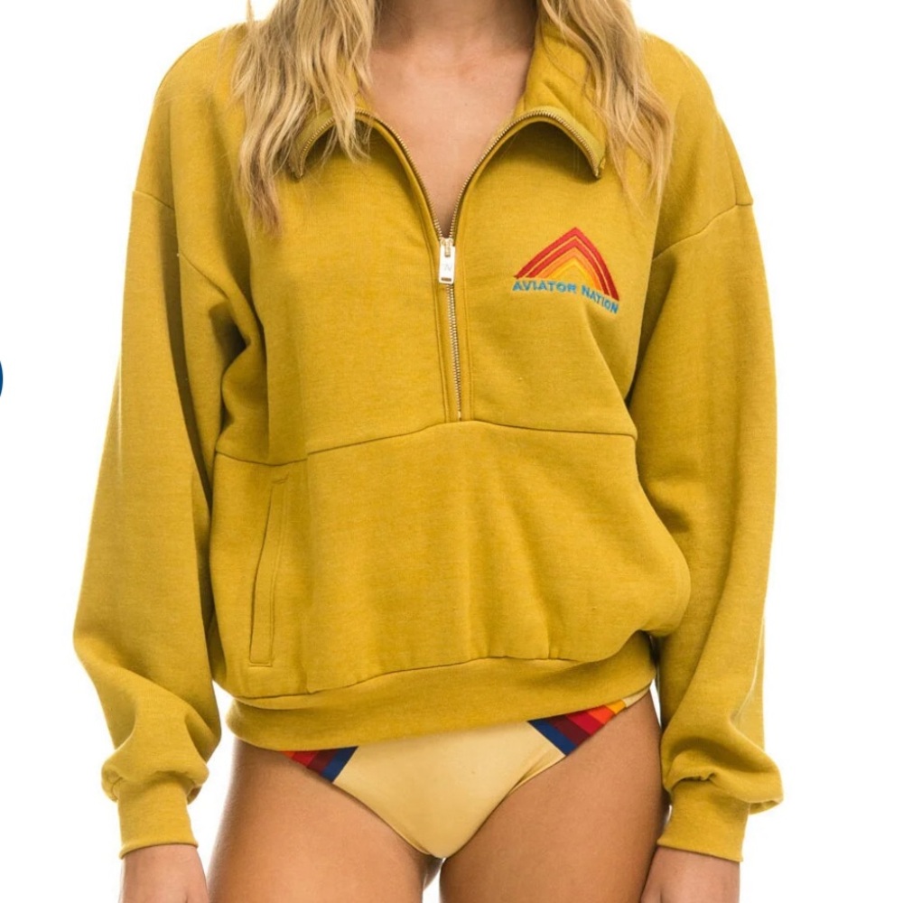 Aviator Nation NWT Mountain Embroidery Half Zip Sweatshirt in Khaki